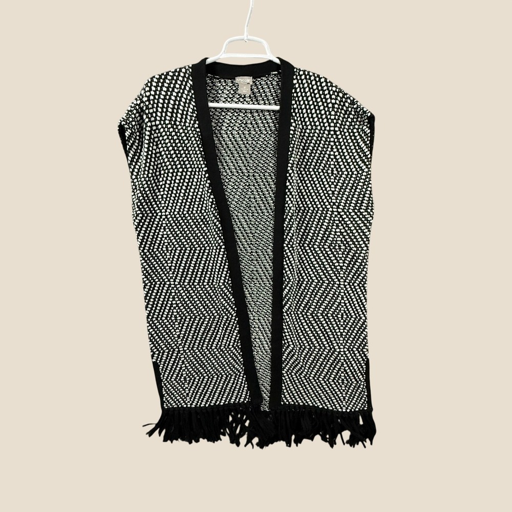 Chicos Black White Geometric Knit Fringe Vest Open Front Sleeveless Cardigan 1P